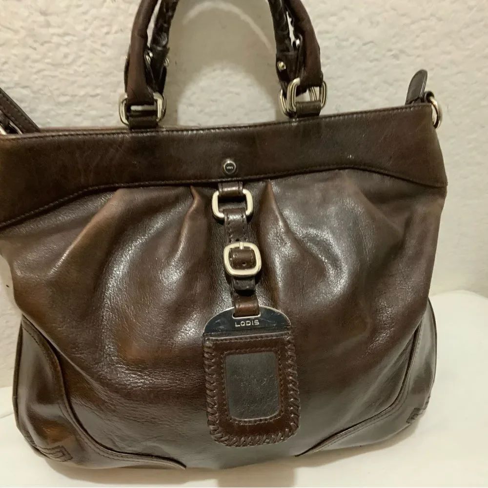 Lodis handbag double handles zip top pleated front brown